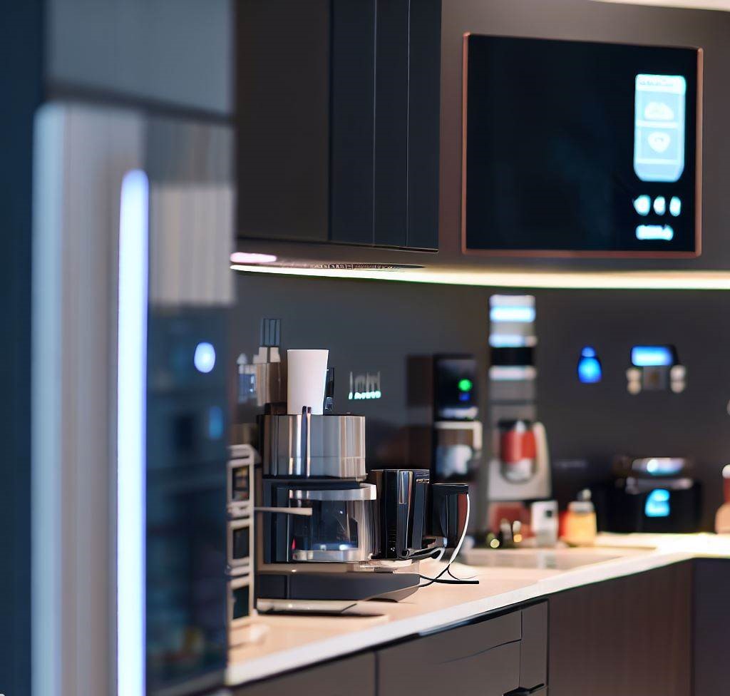 una cocina inteligente, con varios electrodomésticos conectados a un sistema central