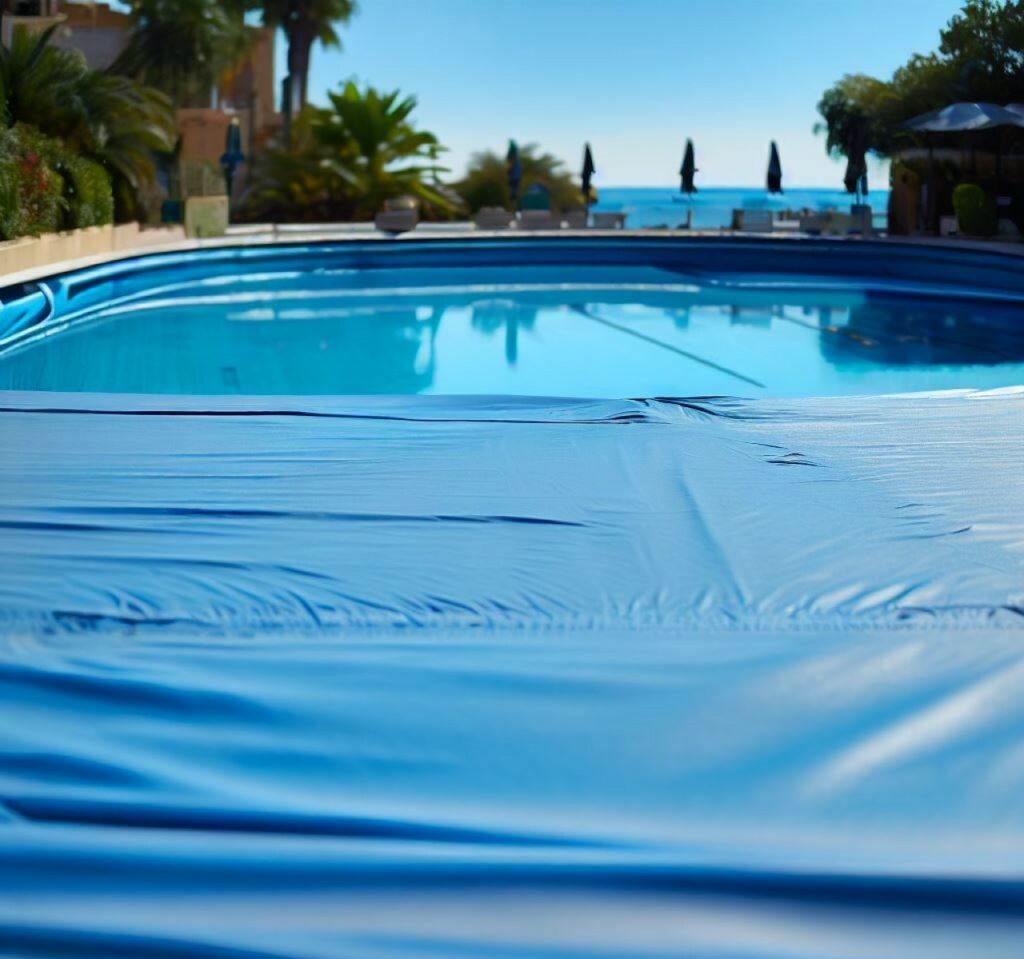 Una cubierta de la piscina se estira firmemente sobre la piscina, protegiéndola de los desechos y los rayos UV