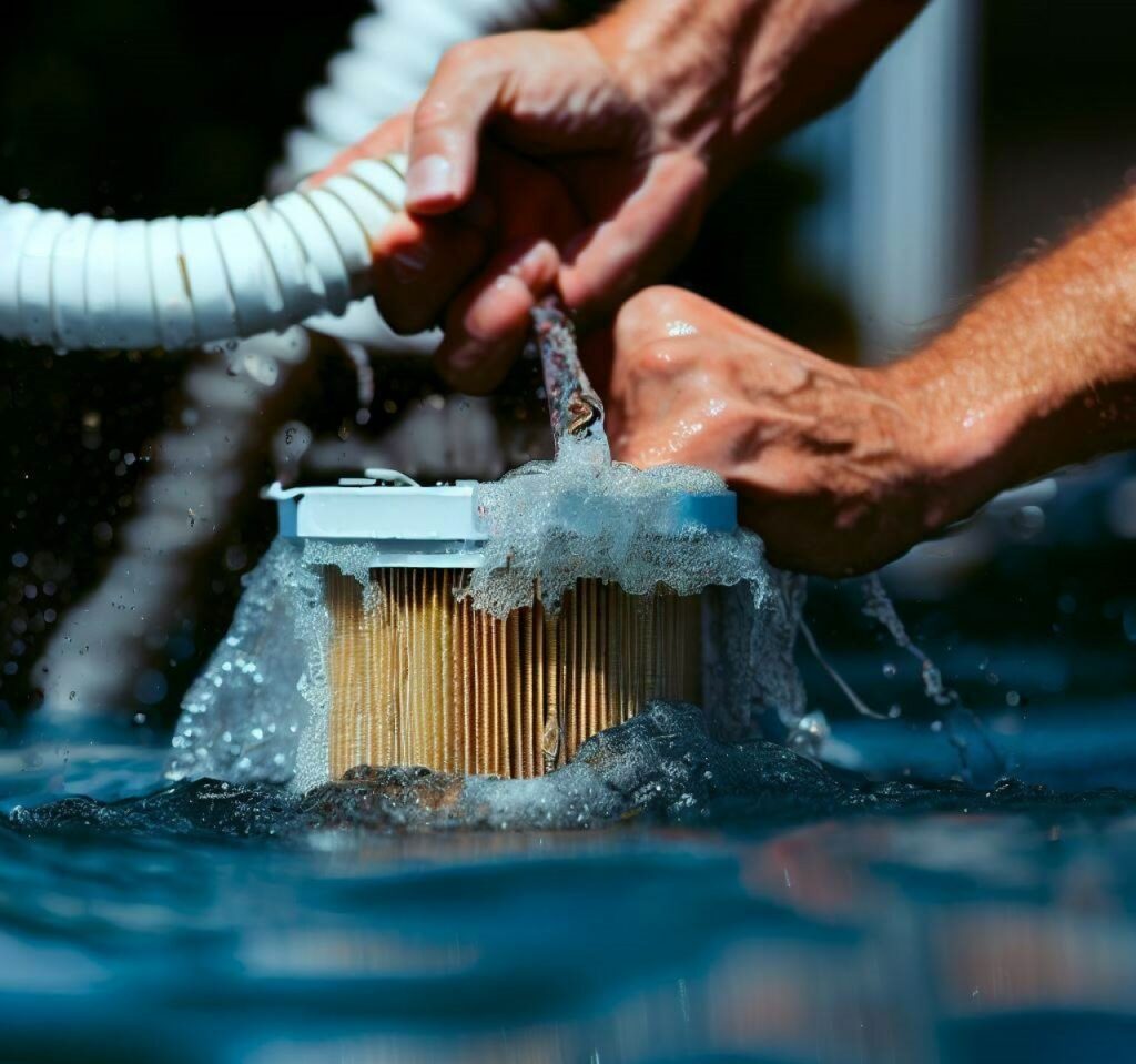 una persona quitando el filtro de cartucho del sistema de filtración de la piscina.