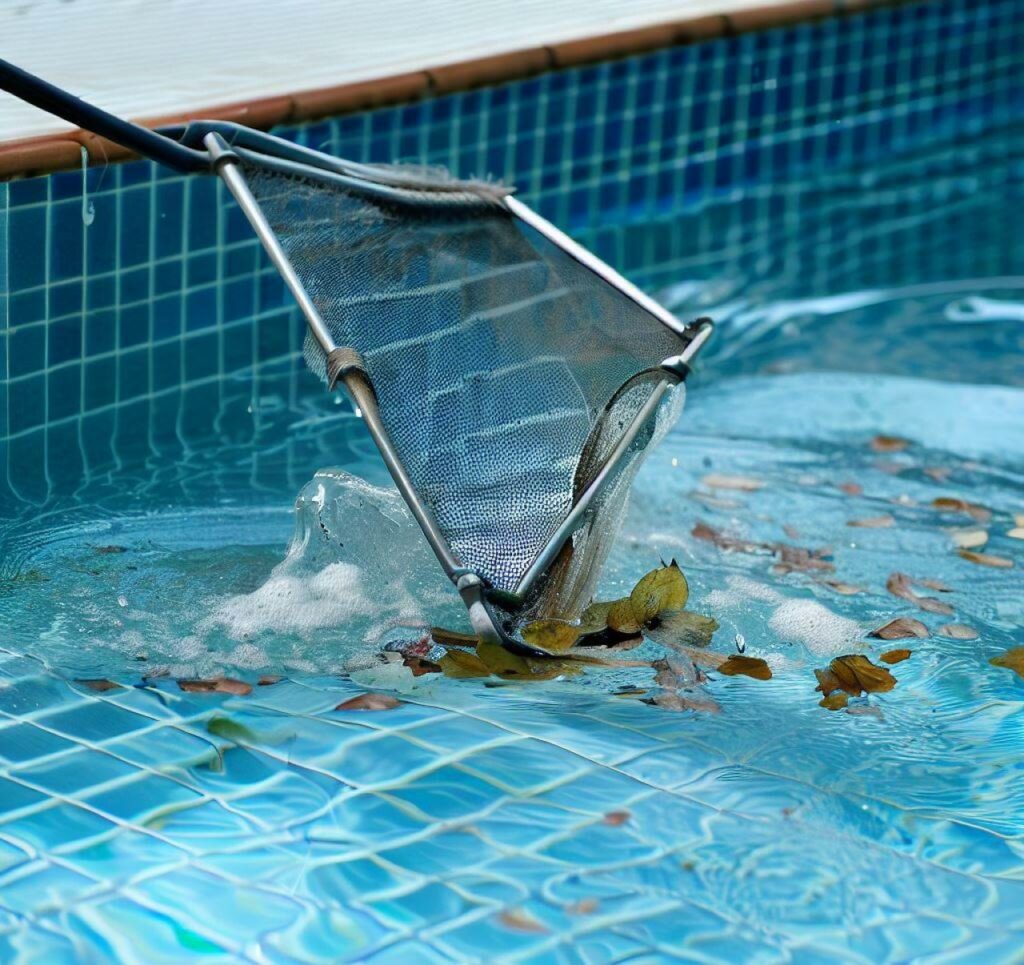 una red de skimmer de piscina rozando la superficie del agua, capturando hojas y otros desechos flotantes