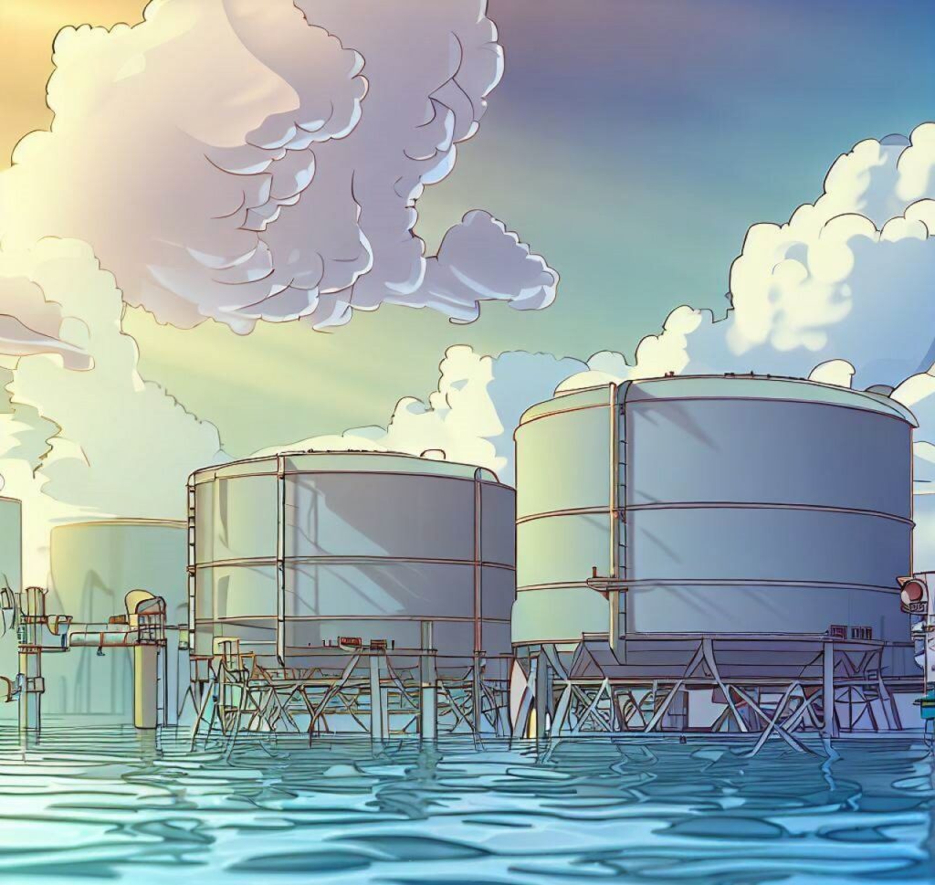 Una ilustración que muestra el agua que se almacena en grandes tanques o depósitos.