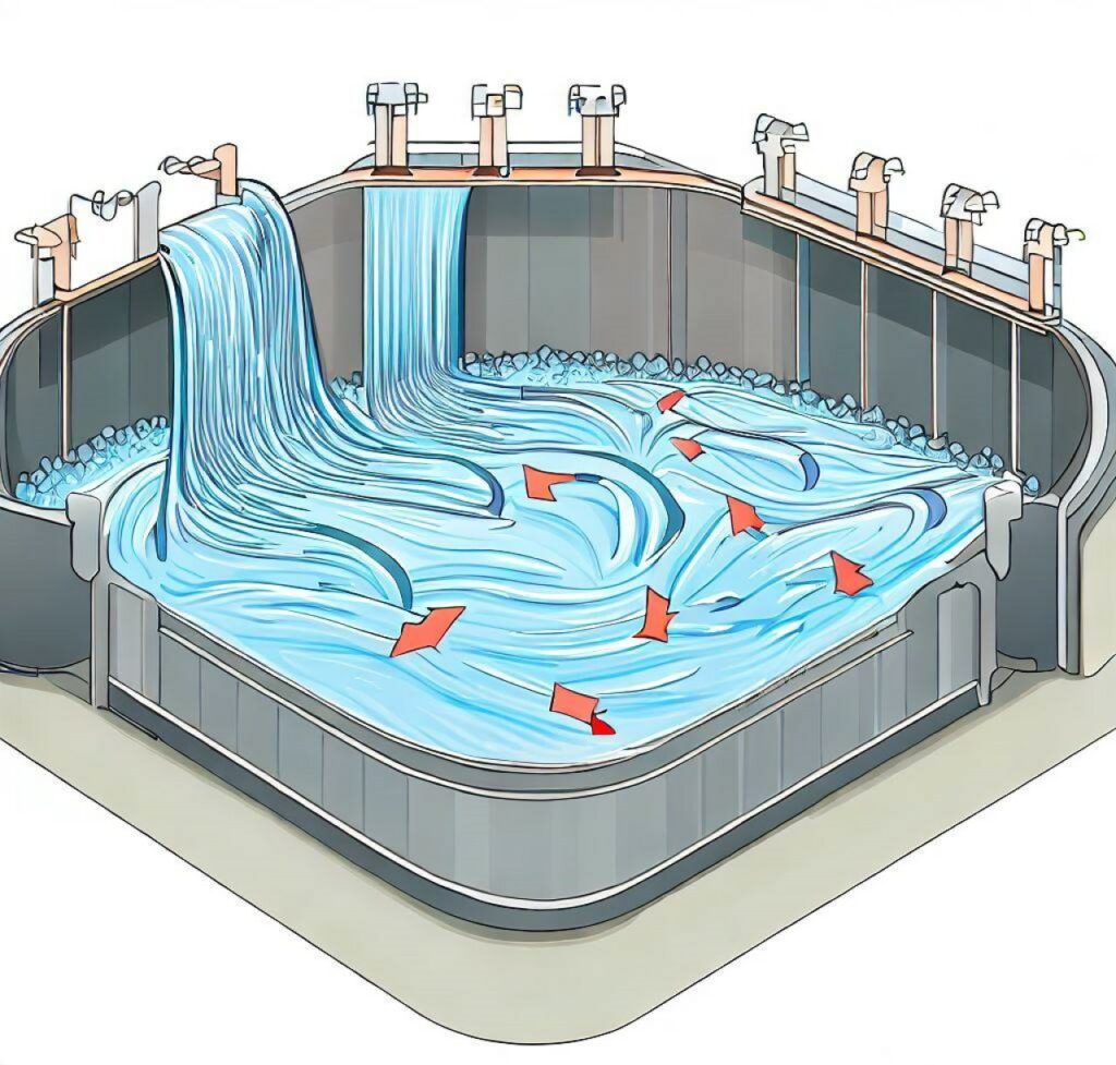Una ilustración que muestra un tanque de sedimentación donde el agua fluye lentamente