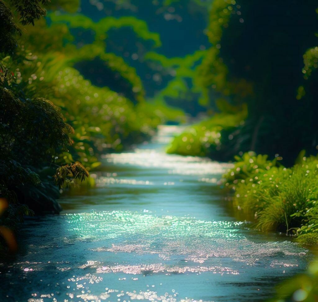 un paisaje verde exuberante y vibrante con un río prístino que fluye a través de él. El agua brilla bajo la luz del sol, exudando pureza y frescura.
